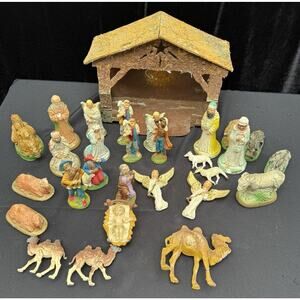 Lovely Vintage 31 Pc Nativity Italy Christmas Chalk Figure Set Amazing Color!